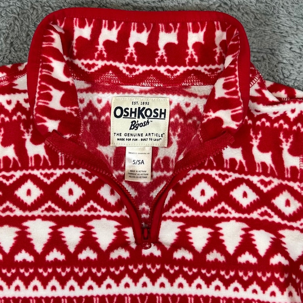 OshKosh Bgosh Kids Red White Reindeer Fair Isle Fleece Quarter Zip Pullover 5/5A